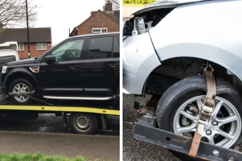 Flatbed towing vs wheel-lift towing showing full vehicle on flatbed and two-wheel lift method comparison